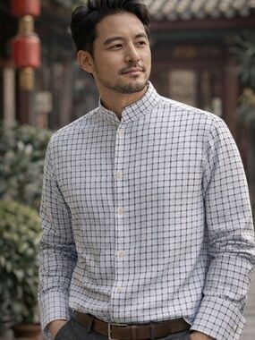 Shanghai tang blue & white plaid herringbone French cuff mandarin collar shirt